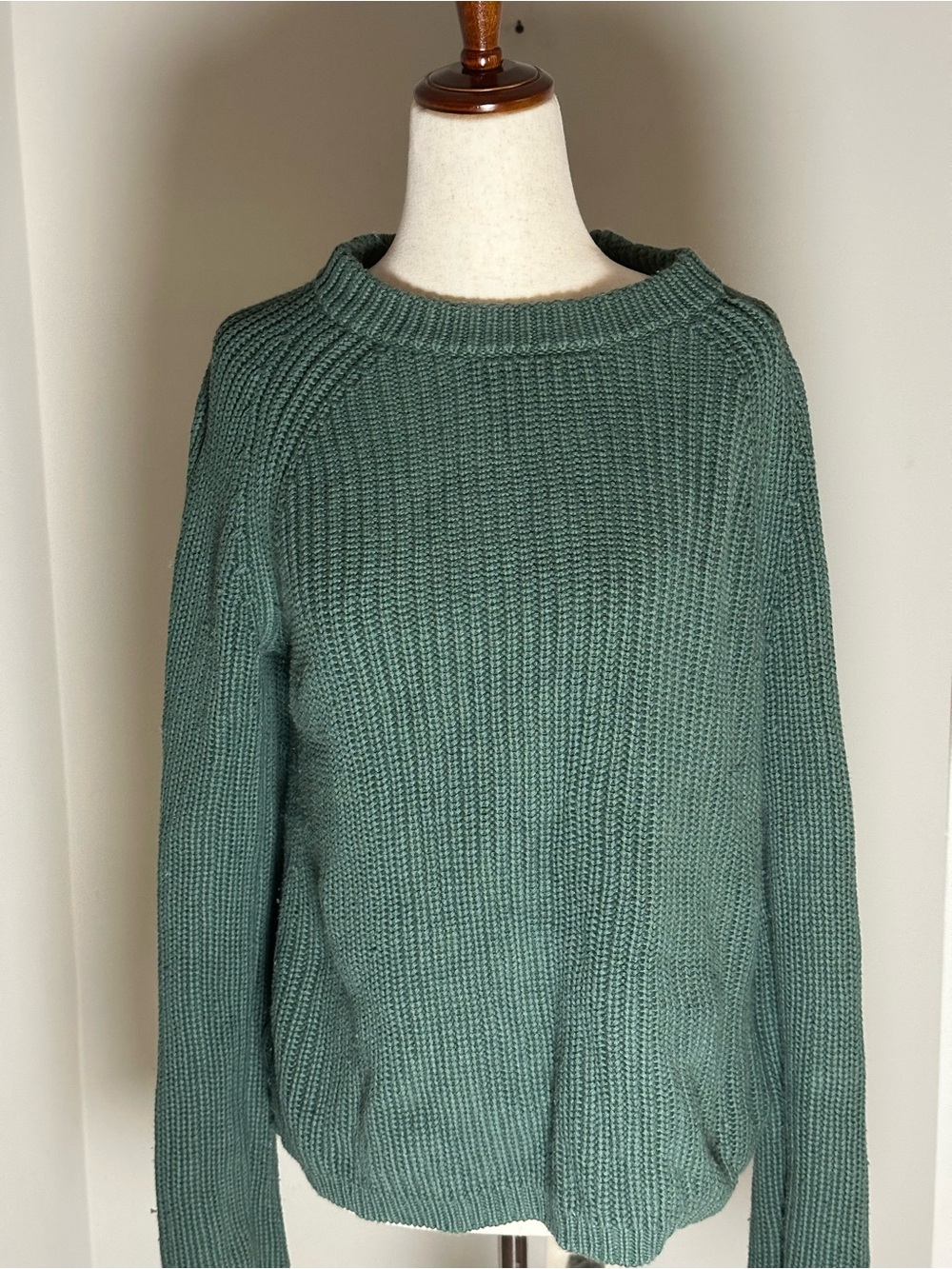Quince Crew Cotton Knit Big Sir Green Ribbed Crewneck Sweater